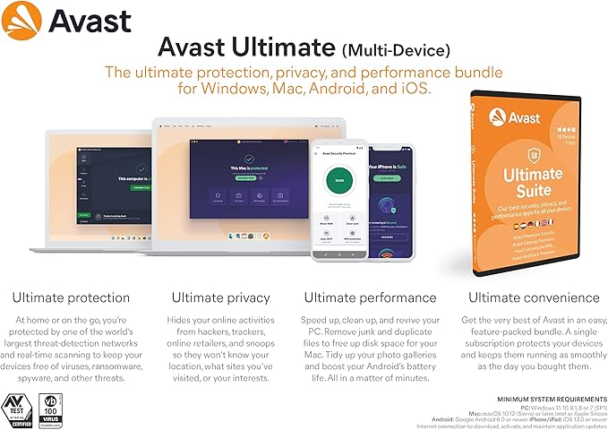 Avast Ultimate 2026 - Pack Antivirus avec Avast Premium Security, Avast SecureLine VPN et Avast Cleanup Premium | 10 appareil | 1 An | PC/Mac/Android/iOS | ESD