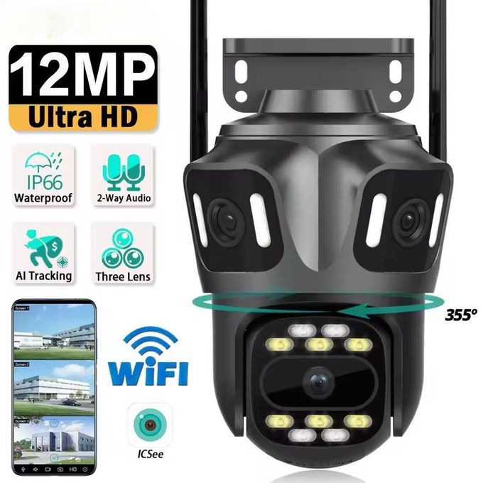 Caméra de surveillance extérieure HD WIFI 6K 12MP à triple objectif ICsee P2P