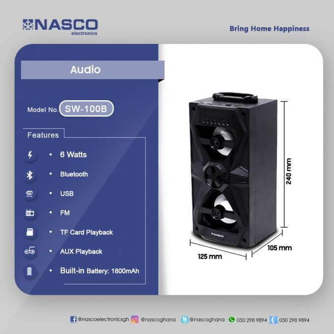 Nasco Enceinte Bluetooth Portable - SW-100B - 6W - Usb - Radio Fm - MP3 - Carte mémoire - Noir